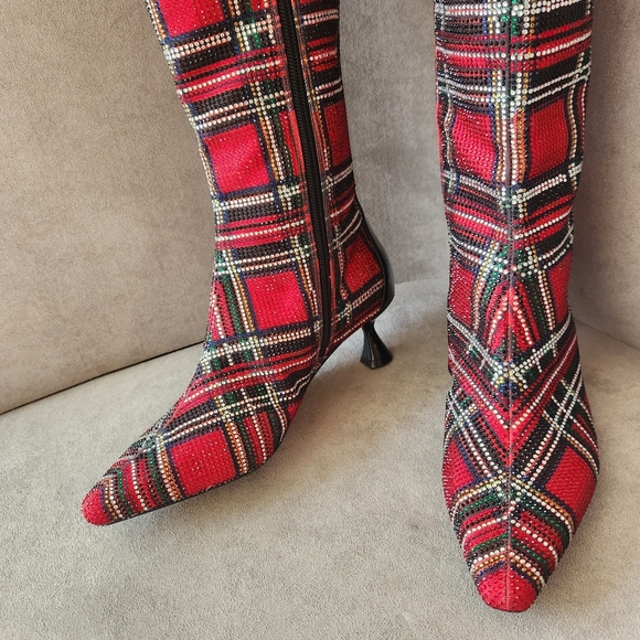 Alex Marie dress boots 7 red plaid OzaraTwo knee high kitten pointy new $190 - Picture 4 of 17